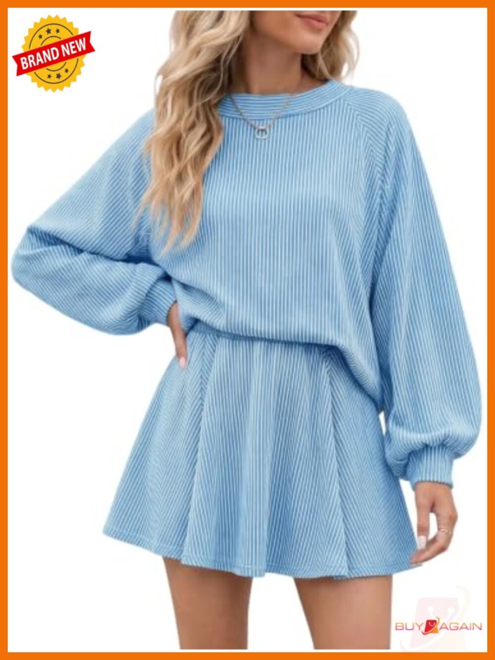 Striped Knit Balloon Sleeve Skirt Set